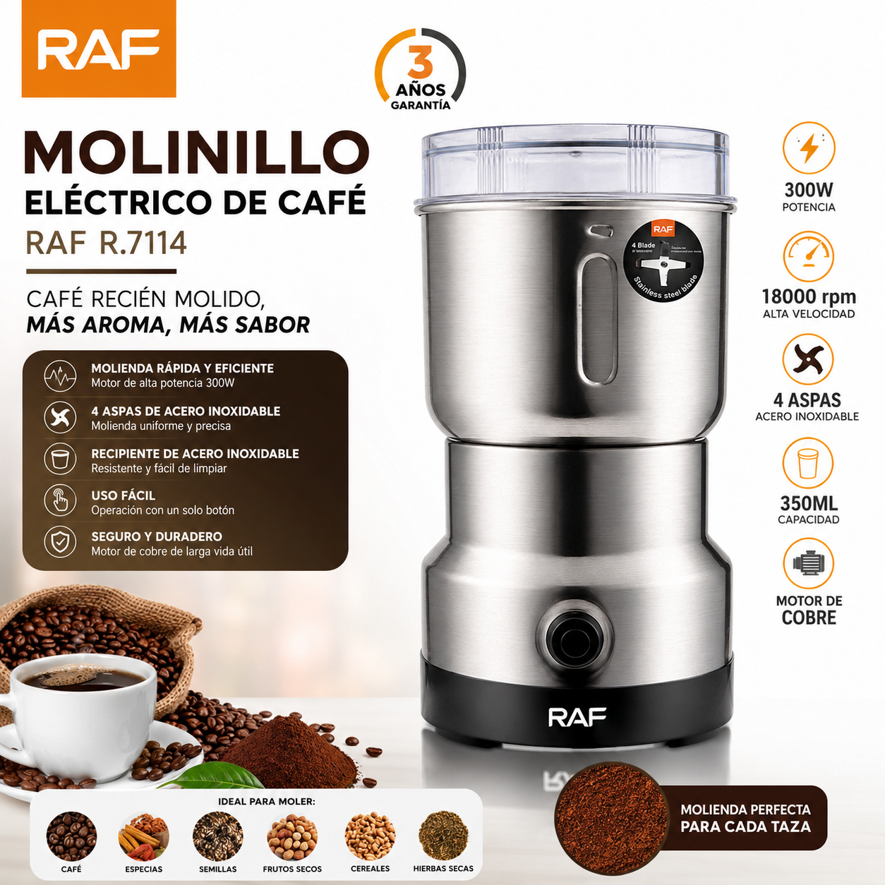 Molinillo Eléctrico de Café RAF 350ml